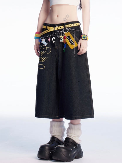 Wide-leg Jeans Print Vintage Letter Waist Charm and Black Low