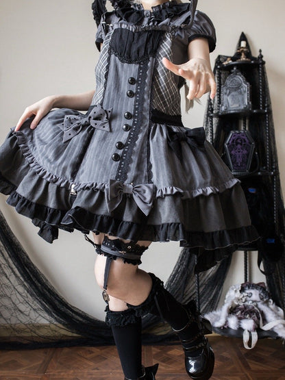 Abnehmbares Mieder, graue, dunkle Overall-Kapuze, kariertes Lolita-Ohren-Häschenkleid mit Muster