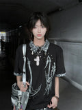 Print Y2K Patchwork Cross T-Shirt with Leopard and