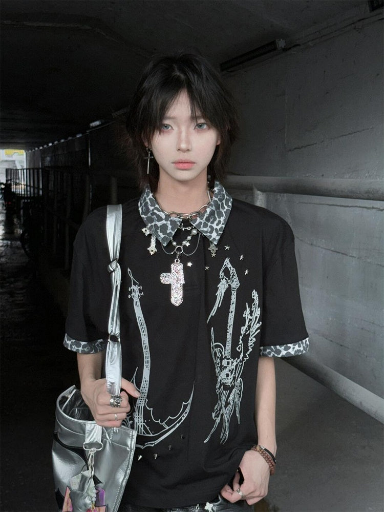 Print Y2K Patchwork Cross T-Shirt with Leopard and