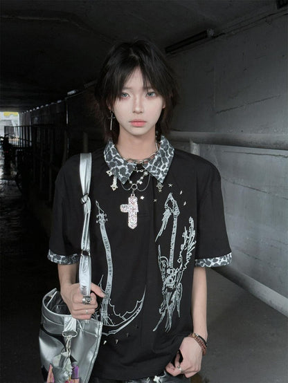 Print Y2K Patchwork Cross T-Shirt with Leopard and