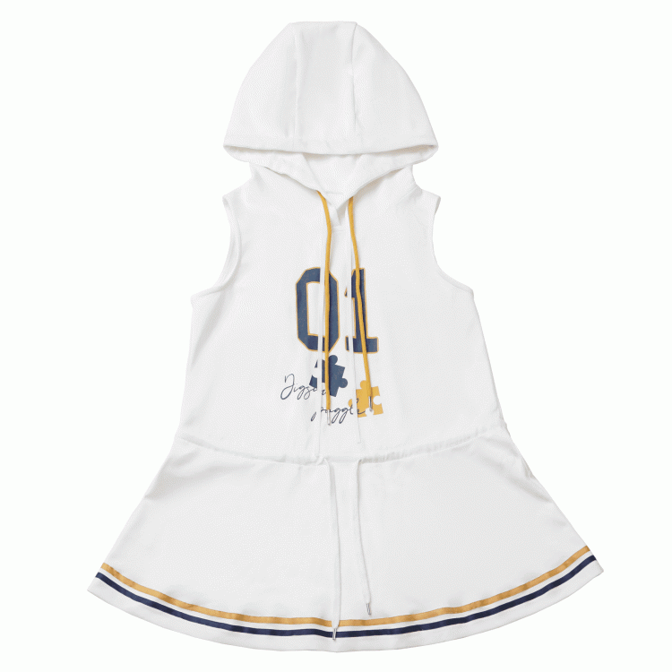 Dress with Yellow Drawstring Hem Hood，Blue Waist Striped Hoodie and Blokette Sleeveless White
