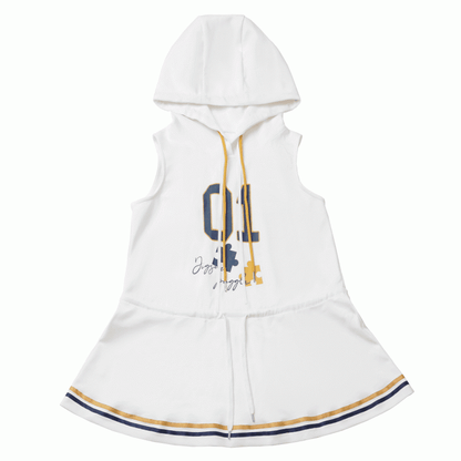 Dress with Yellow Drawstring Hem Hood，Blue Waist Striped Hoodie and Blokette Sleeveless White