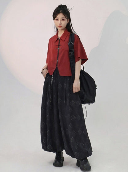 Chinese Red Short Sleeve Cotton Top Metal Frog Fastener