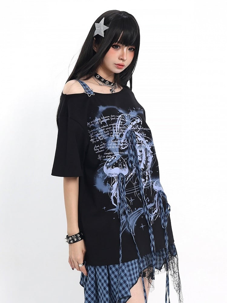 Asymmetrical Tee with Jellyfish Print and Bows - Catwish