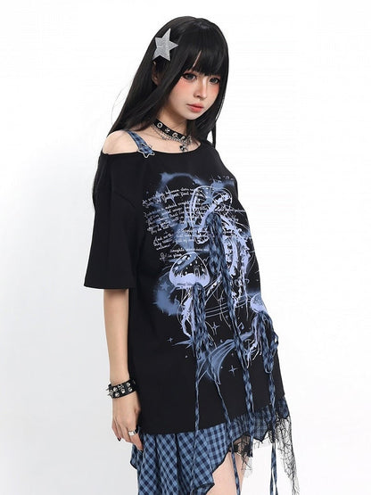 Asymmetrical Tee with Jellyfish Print and Bows - Catwish