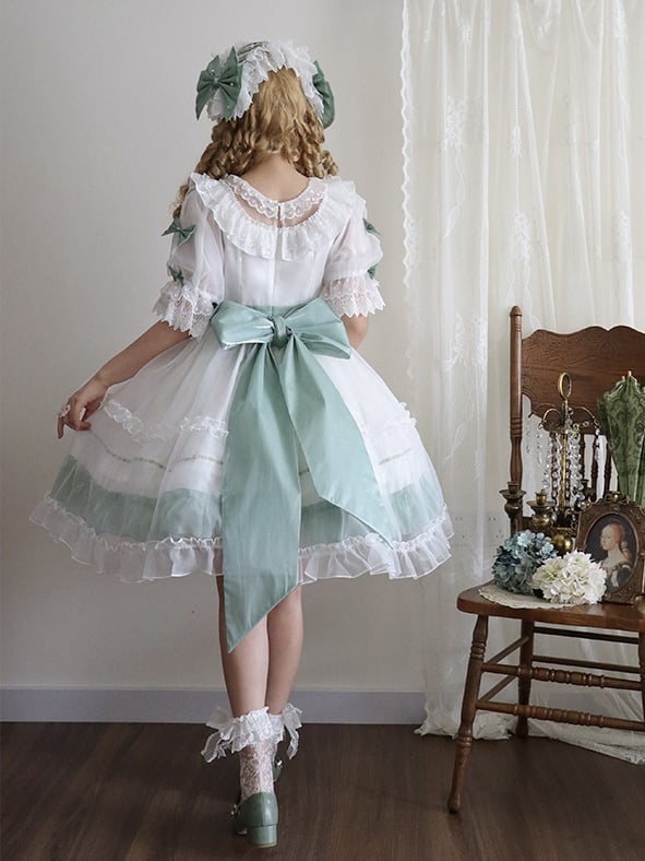 Dress Bow Ruffle with Accents Green Classic and White Lolita
