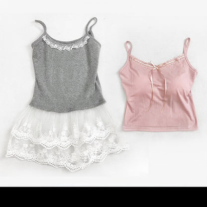 Graues, doppellagiges Cami-Top aus Spitze + rosa Cami-Top-Set mit gepolsterten Körbchen