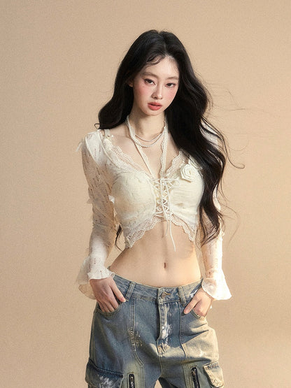 花飾りレースアプリコットベルスリーブバタフライセットクロップドトップグラマラストップ