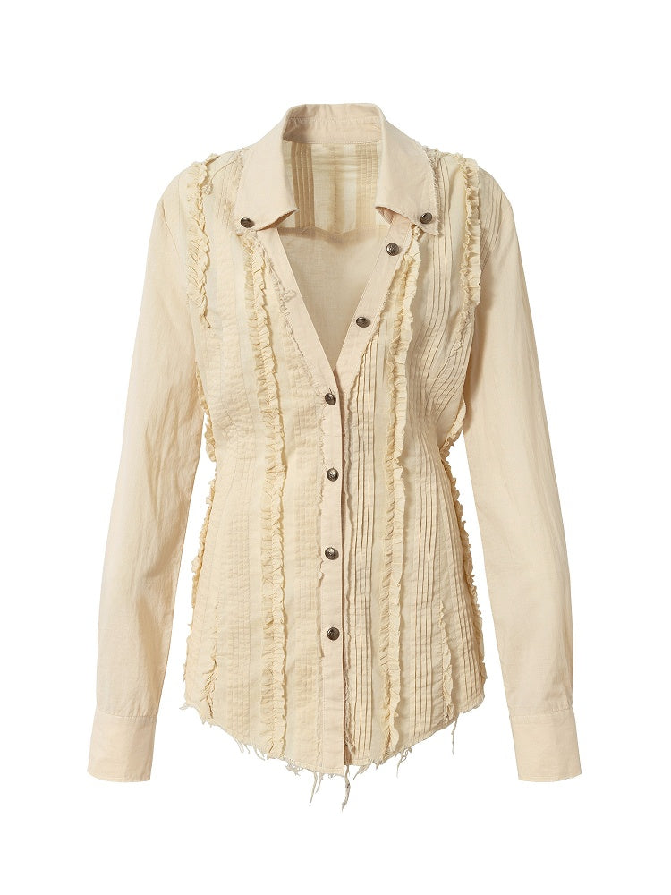 with Punk Distressed Light Blouse V-Neck Pintuck Pleats Khaki Wasteland Hem