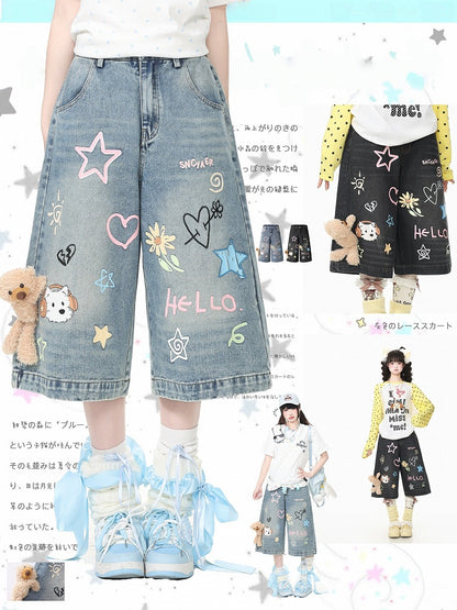 Blue Cropped Denim Jeans with Teddy and Graffiti - Languid Park