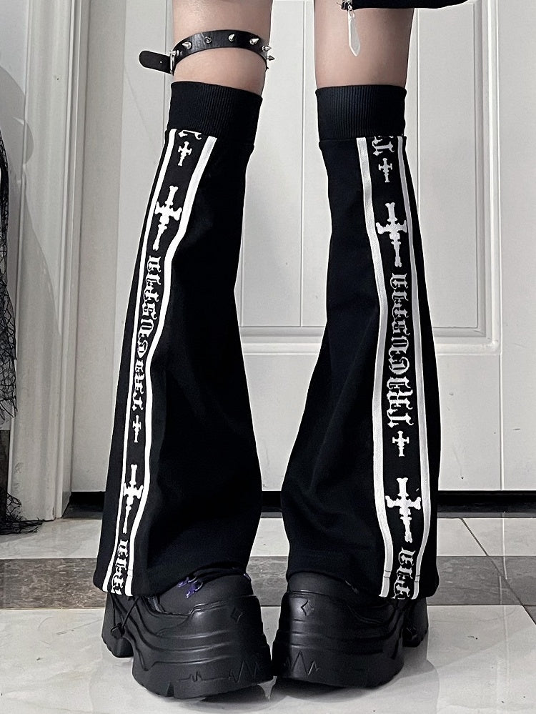 Black Text with Detail Stripe Warmers Cross Leg White Gothic