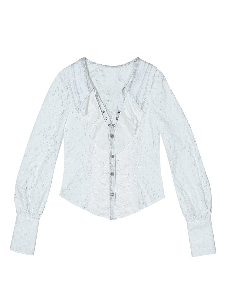 Blouse with Layered Lace-Up Detail Vintage Punk Collar White