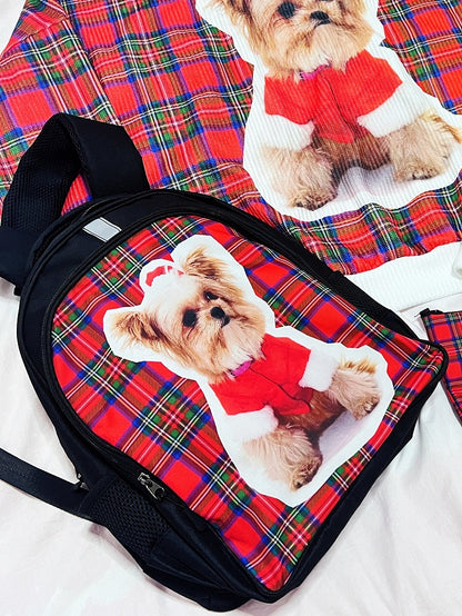 Red Christmas Backpack With Plaid Pattern And Puppy Print