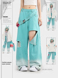 Lake – Asymmetrische, blaue Hose mit Löchern im Used-Look