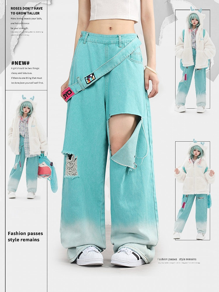 Lake – Asymmetrische, blaue Hose mit Löchern im Used-Look