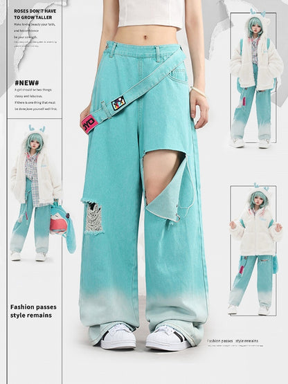 Lake Asymmetrical Blue Distressed Holes Pants