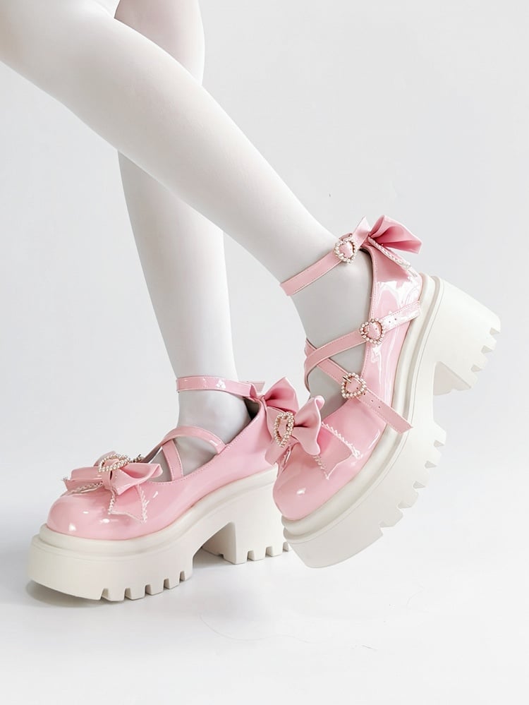 Mary Beaded Pink Details Crossed Janes with Bow Chunky Straps Heel Heart - Closure