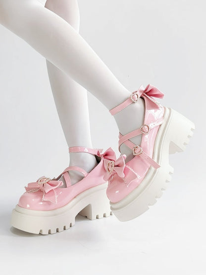 Mary Beaded Pink Details Crossed Janes with Bow Chunky Straps Heel Heart - Closure