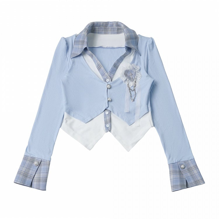 Vintage Kawaii Blue & White Plaid Faux Two-Piece Knit Shirt with Heart Brooch - PINK SAVIOR