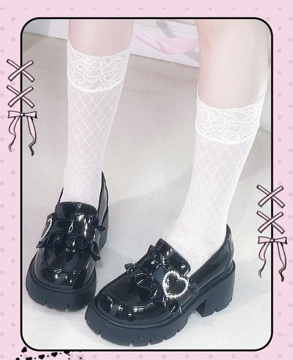 Kei Black Shoes Loafers Sweetheart Platform 6.5cm with Heel Polished Jirai Chunky Beaded