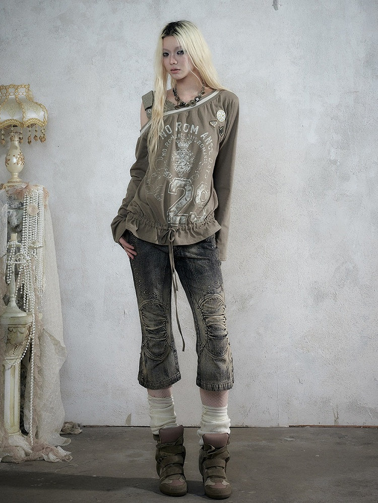 Khaki Green Asymmetric Shoulder Long Sleeve Top with Letter Print & Drawstring Hem, Faux Two-Piece Punk Casual - NO ROMANCE