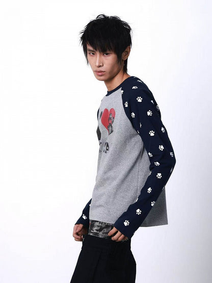 Gray & Black Cat Paw Print Round Neck Long Sleeve Top - DETW OnLine
