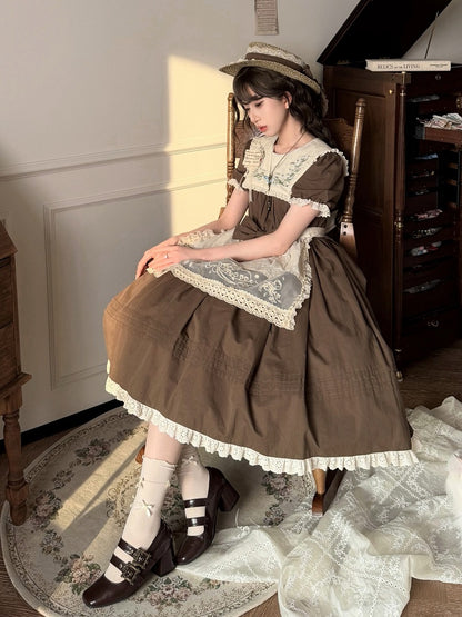 Brown Floral Cotton OP Dress with Detachable Lace Apron