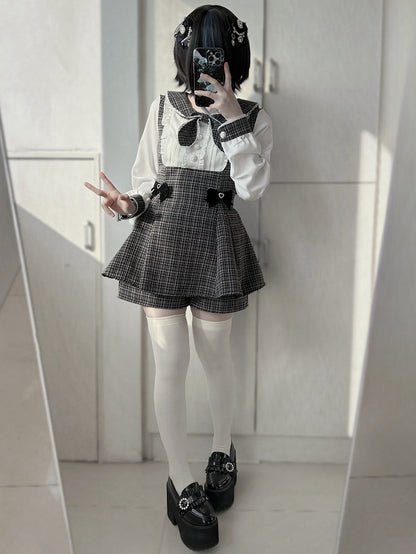 Bowknot Kei Plaid Details Jirai Schwarzes Outfit-Plissee lang + Top Shorts Ärmel Design