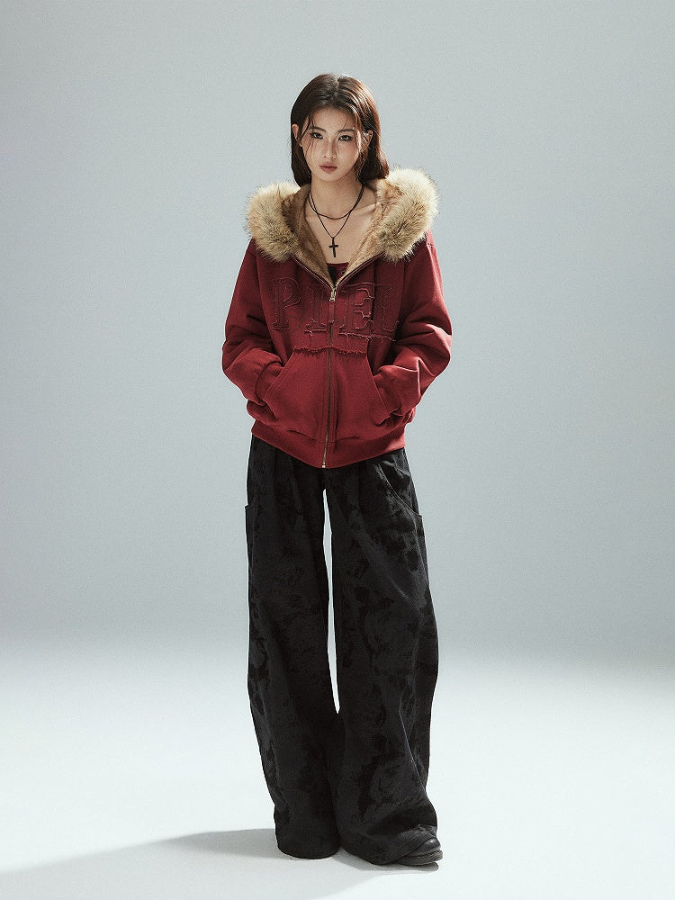 Patch Plush-lined - Red Letter Closure Jacket Zip Hood Vintage Details Wine
