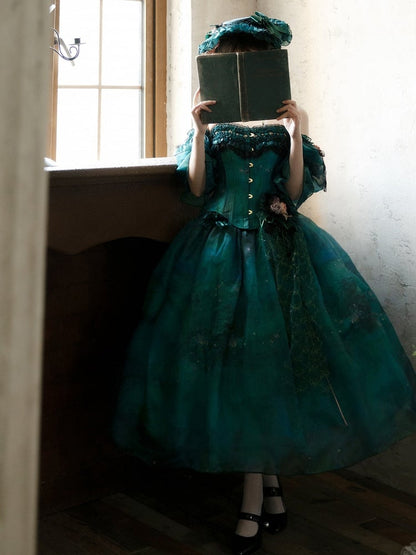 Grüner Tüllrock mit Waldfee-Lolita-Ölgemälde-Print und floraler Haarspange