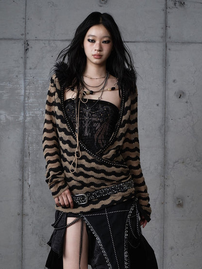 Bustier-Set-Top Braun Strick Gestreift Dekonstruiert Flügel Schwarz Print