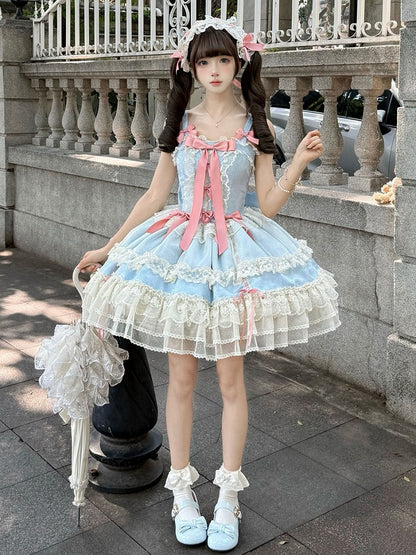 Jumper Bowknots Süßes Kleid Verziert Blau Lolita Balletcore Rock