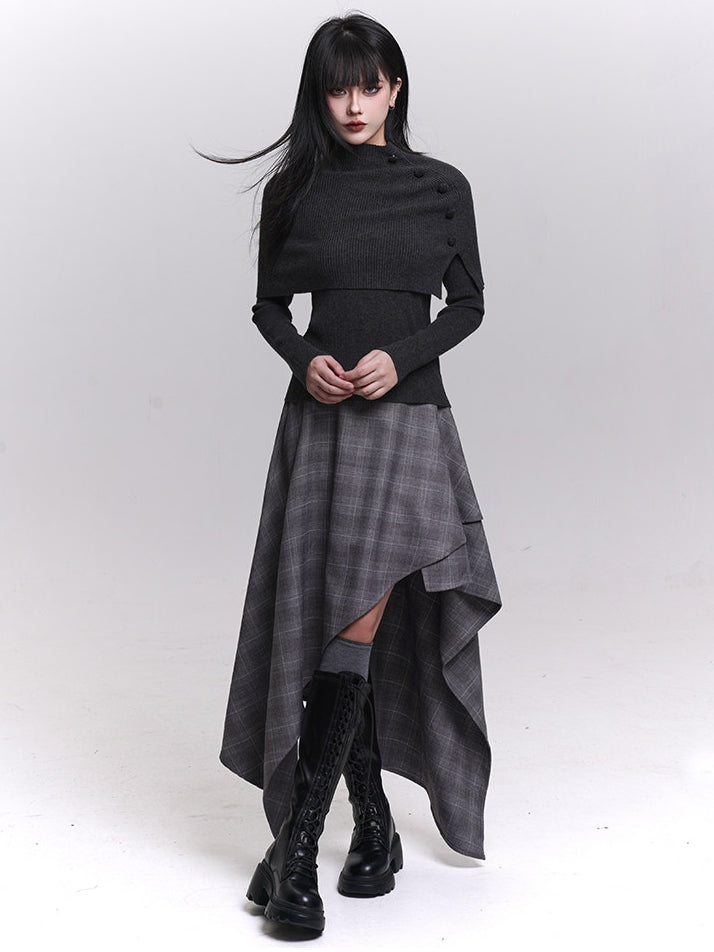 Accents Shawl Set Knit Dark Top Button Gothic Long Gray/Black Sleeves