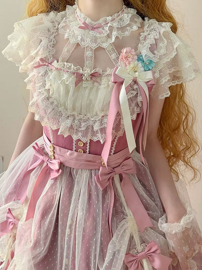 Pink Elegant Bow Version with Details Short Dress Lolita and Lace Classic Rose