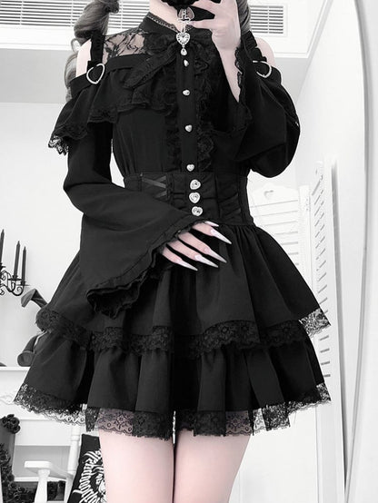 Open Jirai Kei Bell Shoulders Black Set: with Top Three-Piece Sleeves All