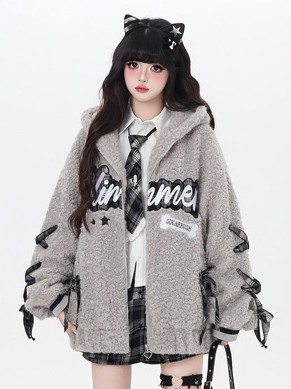 - Letter Jacket Black/ Gray Daily Hooded Kawaii Plush Pattern