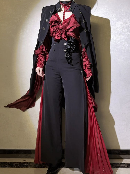 Wide-leg Ouji Pants Red Fashion Panel Black 110cm Pleated ( Extended ) High With Length Waist Chiffon