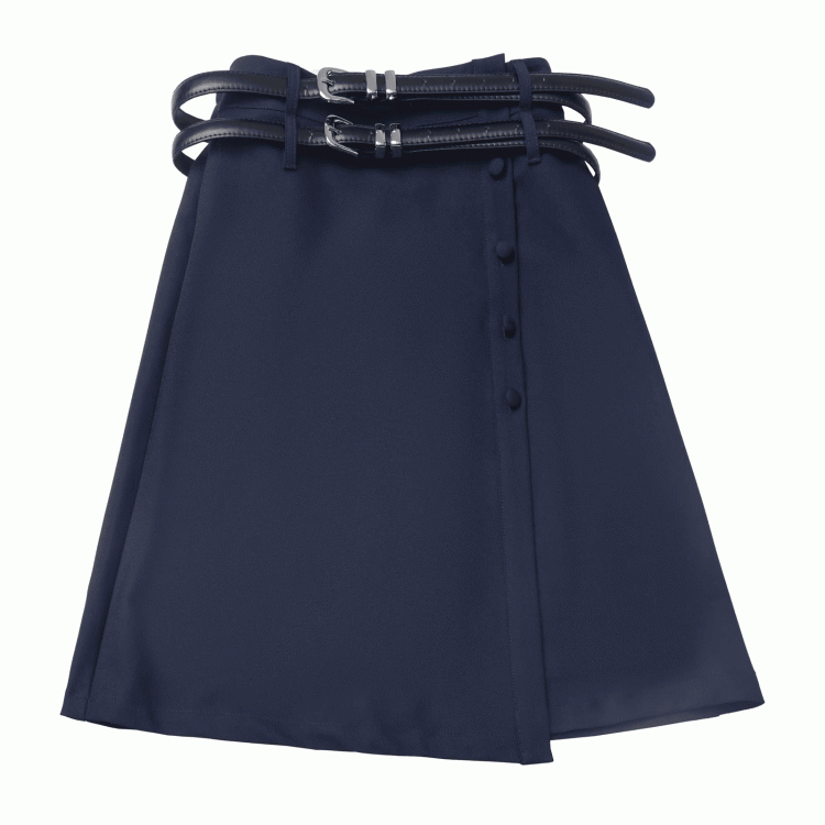 Marineblauer JK-Uniform-Knielanger Rock mit Doppelschnallengürtel