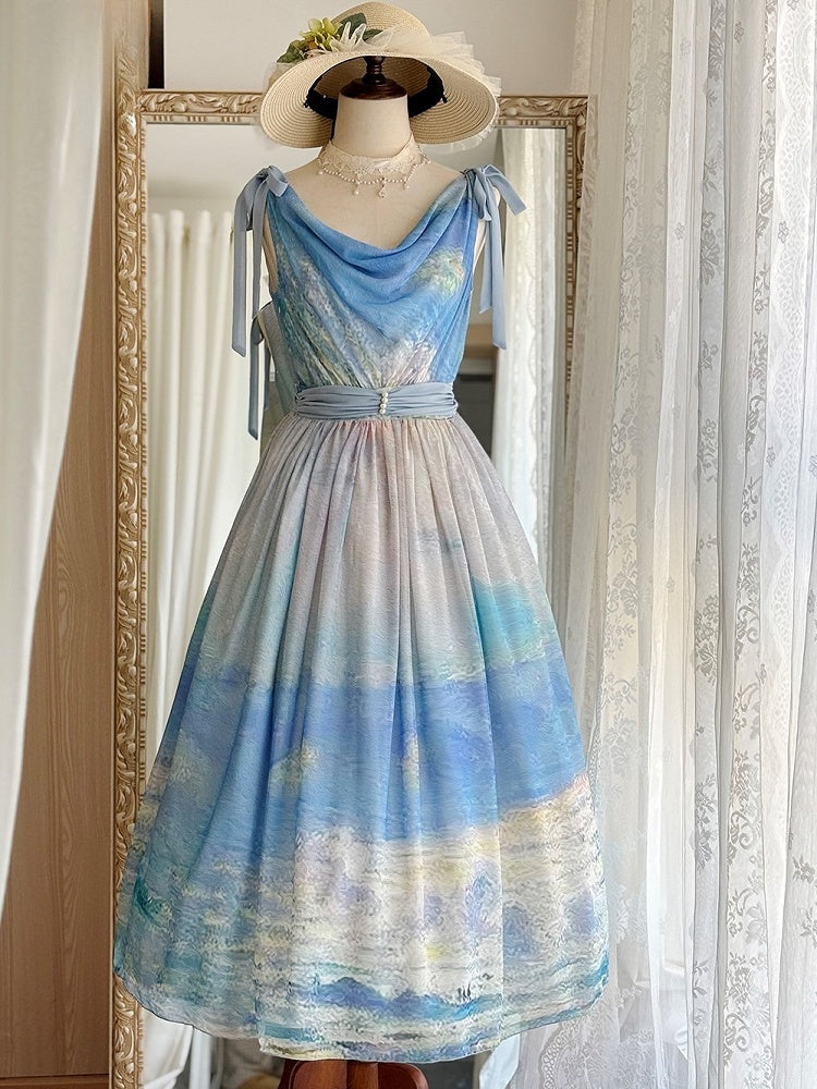 Blue Ocean Oil Painting Print Elegant Lolita Maxi Dress with Cowl Neckline and Tie Straps