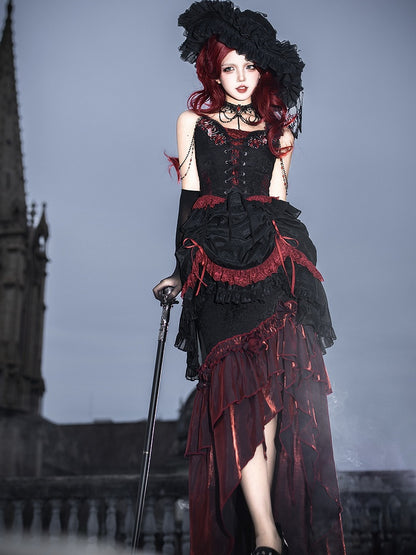 Black Red Gothic Corset Top and Skirt Set with Choker - Xiong Dou Jiang