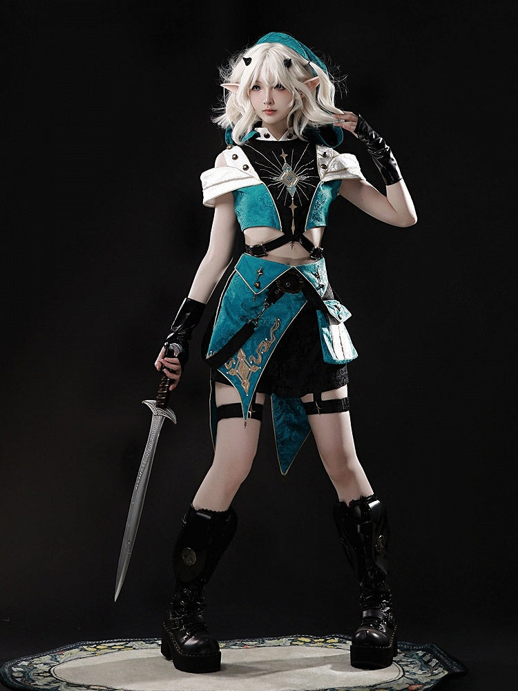 Teal Ouji Lolita Cutout Hooded Top + Asymmetric Metal Button Shorts Set - Xiong Dou Jiang