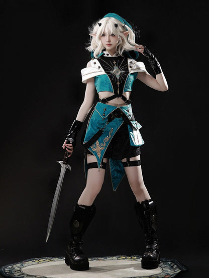 Teal Ouji Lolita Cutout Hooded Top + Asymmetric Metal Button Shorts Set - Xiong Dou Jiang