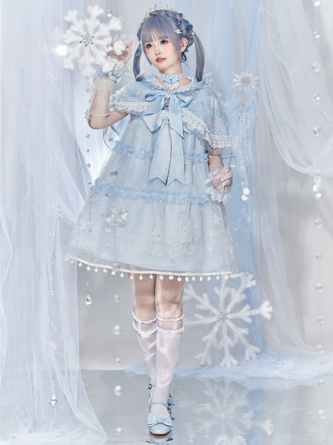 Light Blue Snowflake Sequins Lace Trim Lolita Hooded Cape