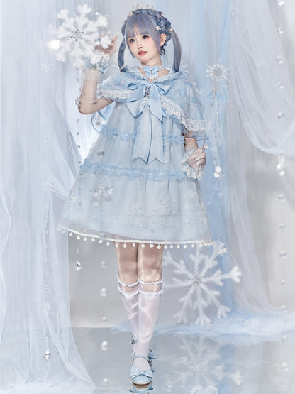 Light Blue Snowflake Sequins Lace Trim Lolita Hooded Cape