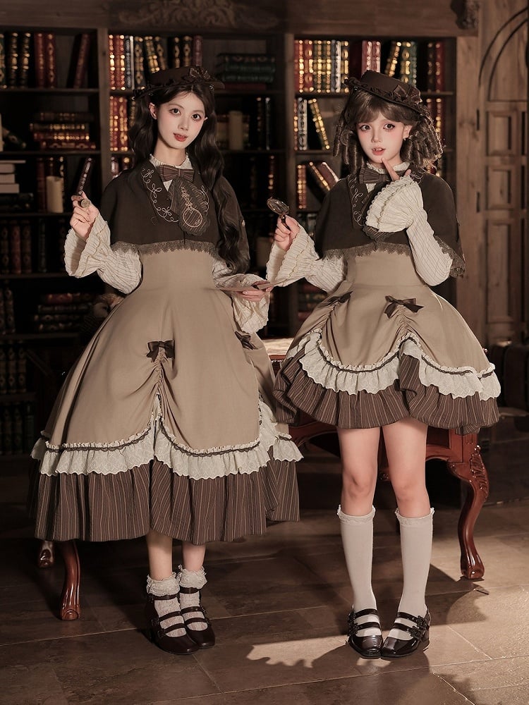 Brown Striped Faux Two-Piece Lolita Dress Outfit with Cape, Jabot & Mini Hat - With PUJI