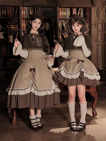 Brown Striped Faux Two-Piece Lolita Dress Outfit with Cape, Jabot & Mini Hat - With PUJI