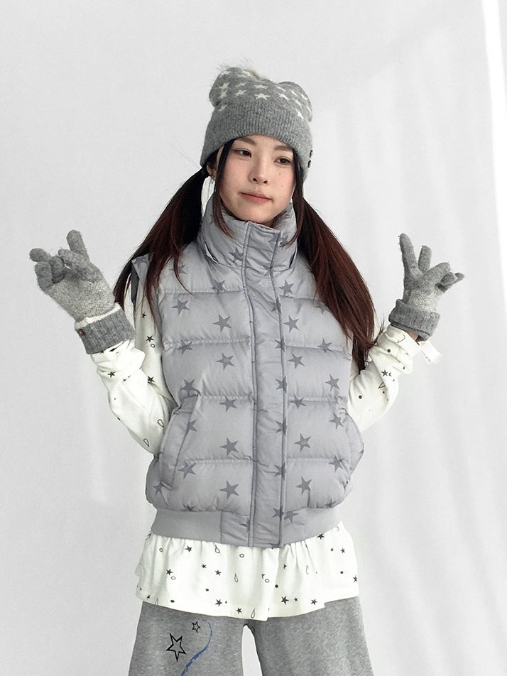 Trim Detachable Sleeves Wear Jacket Removable with Gray Plush Pattern Star Down Hood Multi-way
