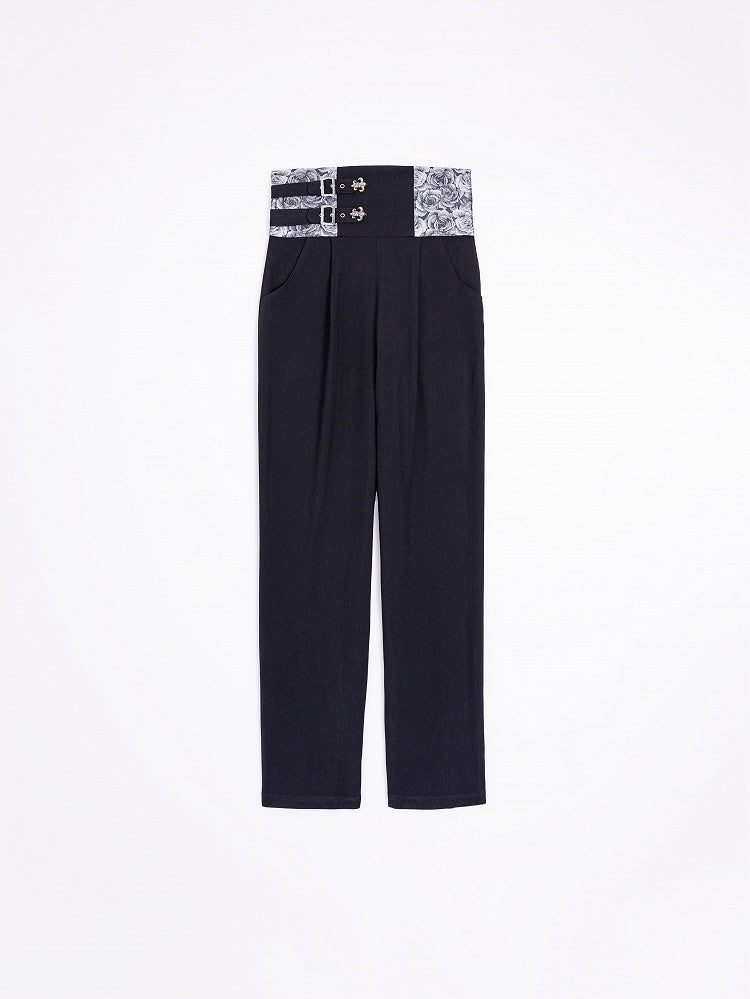 High-Waist Black Ouji Pants with Rosette Print and Buckles - DevilInspired Exclusive Collection