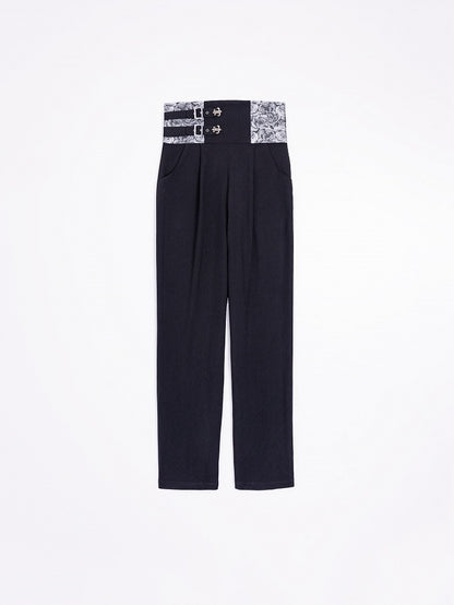 High-Waist Black Ouji Pants with Rosette Print and Buckles - DevilInspired Exclusive Collection